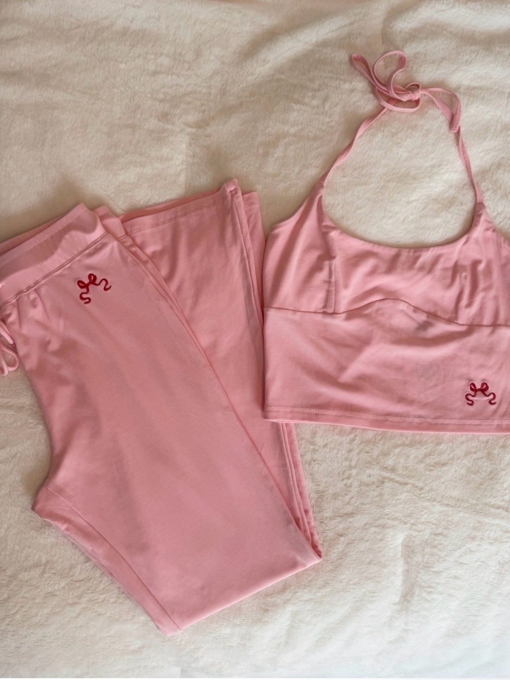 Cider Pink Halter Lounge Set with Red Embroidered Detail